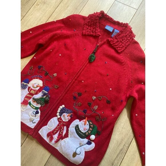 Knit Full Zip Grandma Sweater Cardigan Ugly Christmas Lights Snowmen Red Small - Picture 1 of 9